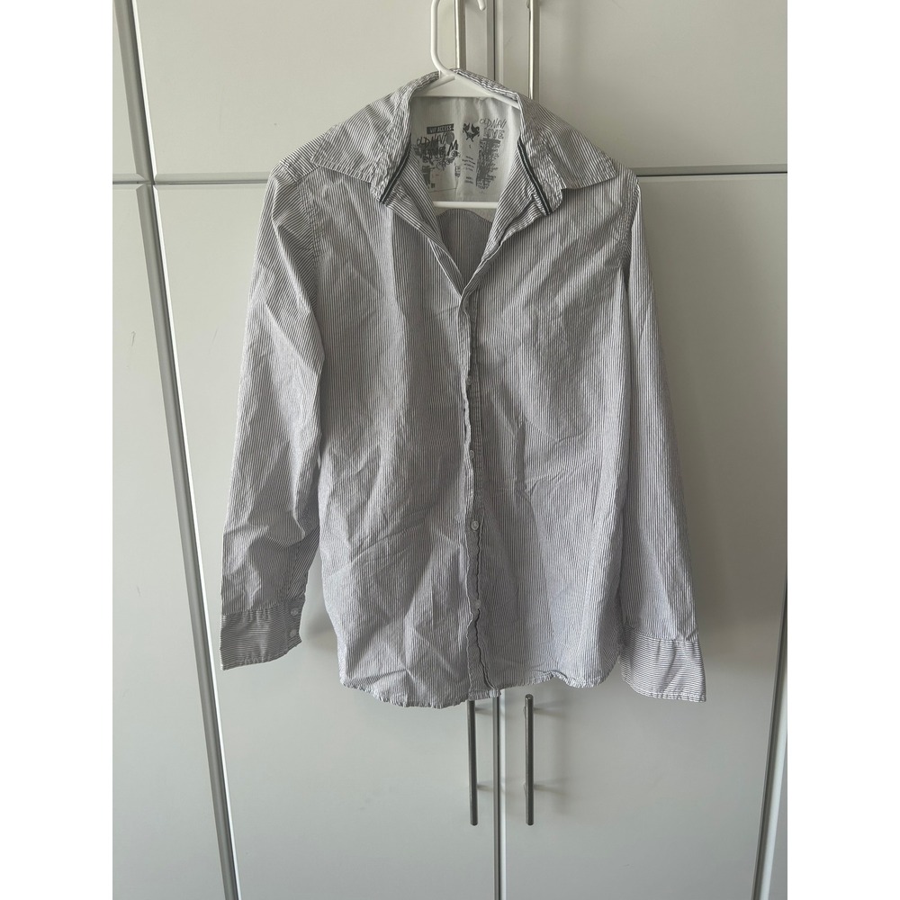 Old Navy Live Mens Small Grey White Striped Long Sleeve Button Down Shirt Piping